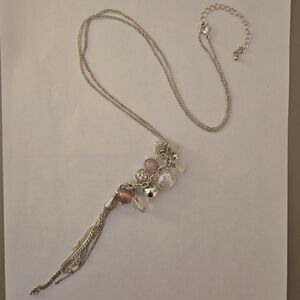Vintage beaded charm necklace white pink silver pendant tassle chains 28+4 inch